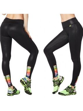 Zumba Fitness Black High-Waist Leggings with Multi-Color Ankle Stripes Strappy L